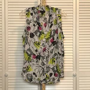 Worthington Classic Abstract Floral Collared V-Neck Sleeveless Blouse Women L